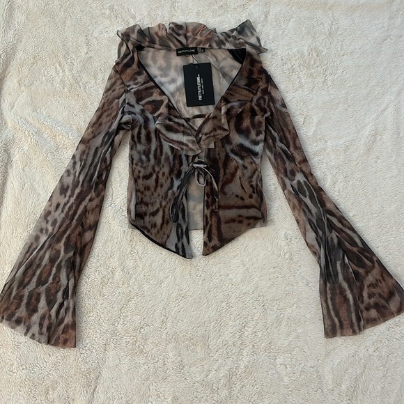 NEW PLT Mesh Ruffle Tie Front Blouse ~Leopard Print - Picture 8 of 16